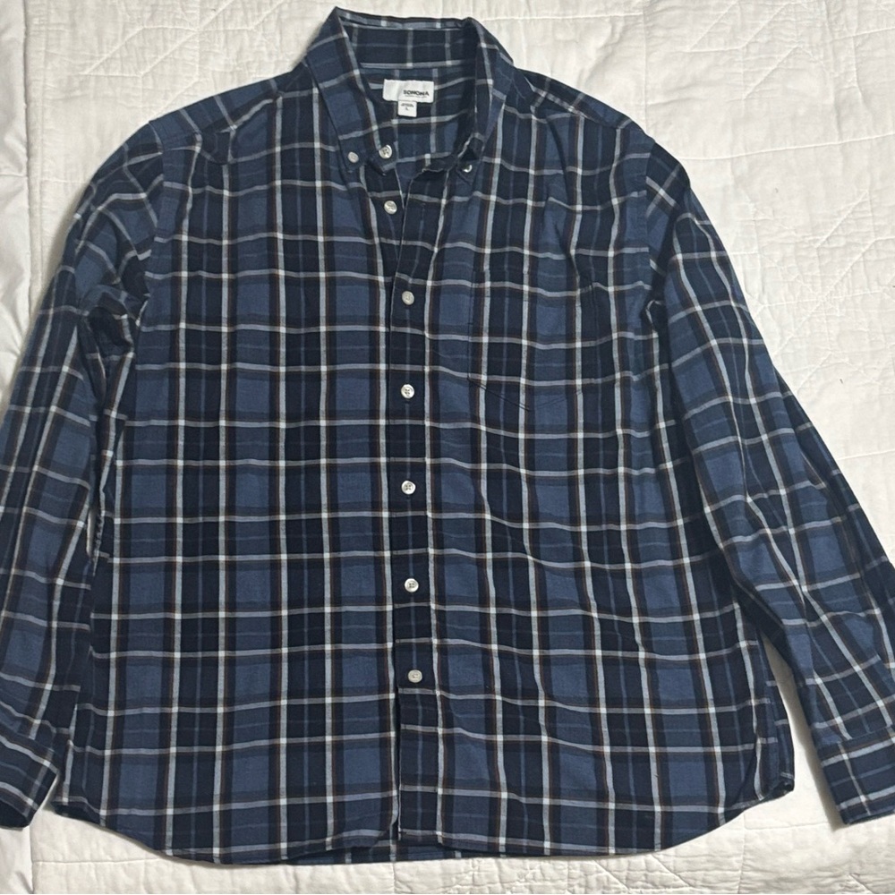 Sonoma Navy, White & Brown Plaid Button Down Shirt